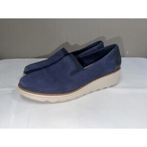 Clarks Sharon Dolly Blue Suede Comfort Womens 7.5 Slip On Loafers Wedge Platform
